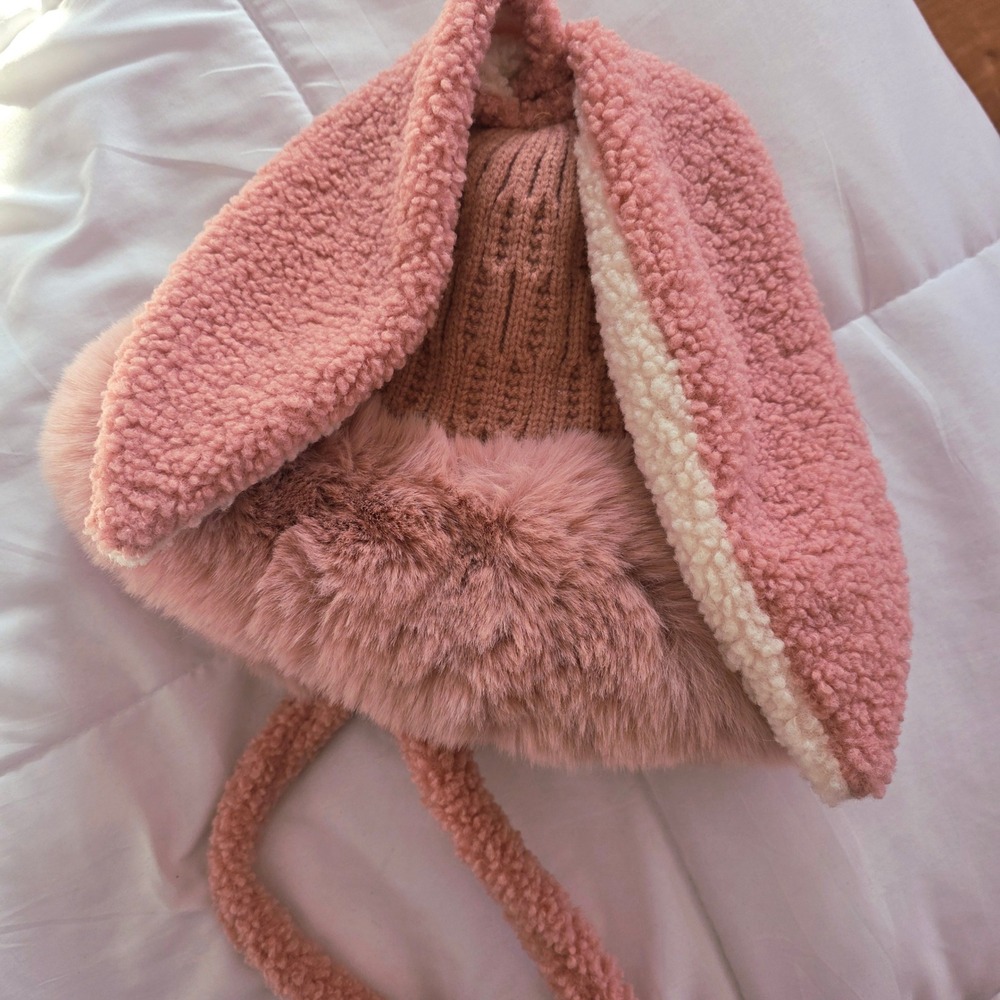Pink Knit Beanie With Faux Fur Trim and‎ Bunny Ears - Picture 3 of 5